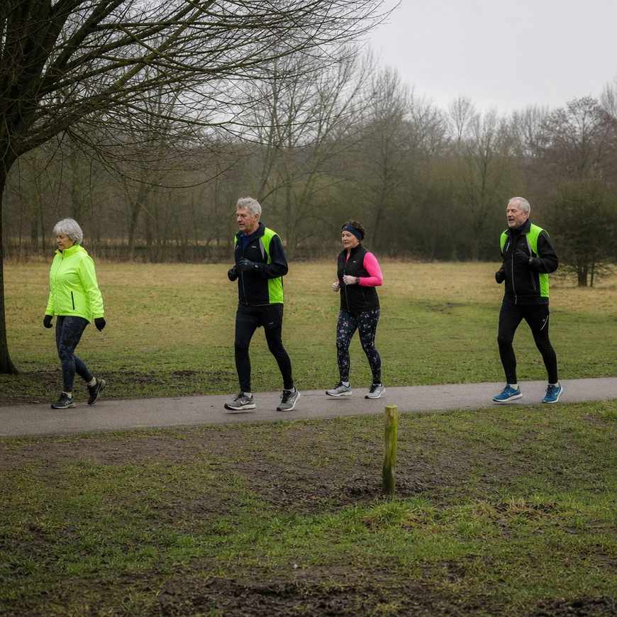 A small group of older adults walking and running together on a parkrun course on a grey Saturday morning
