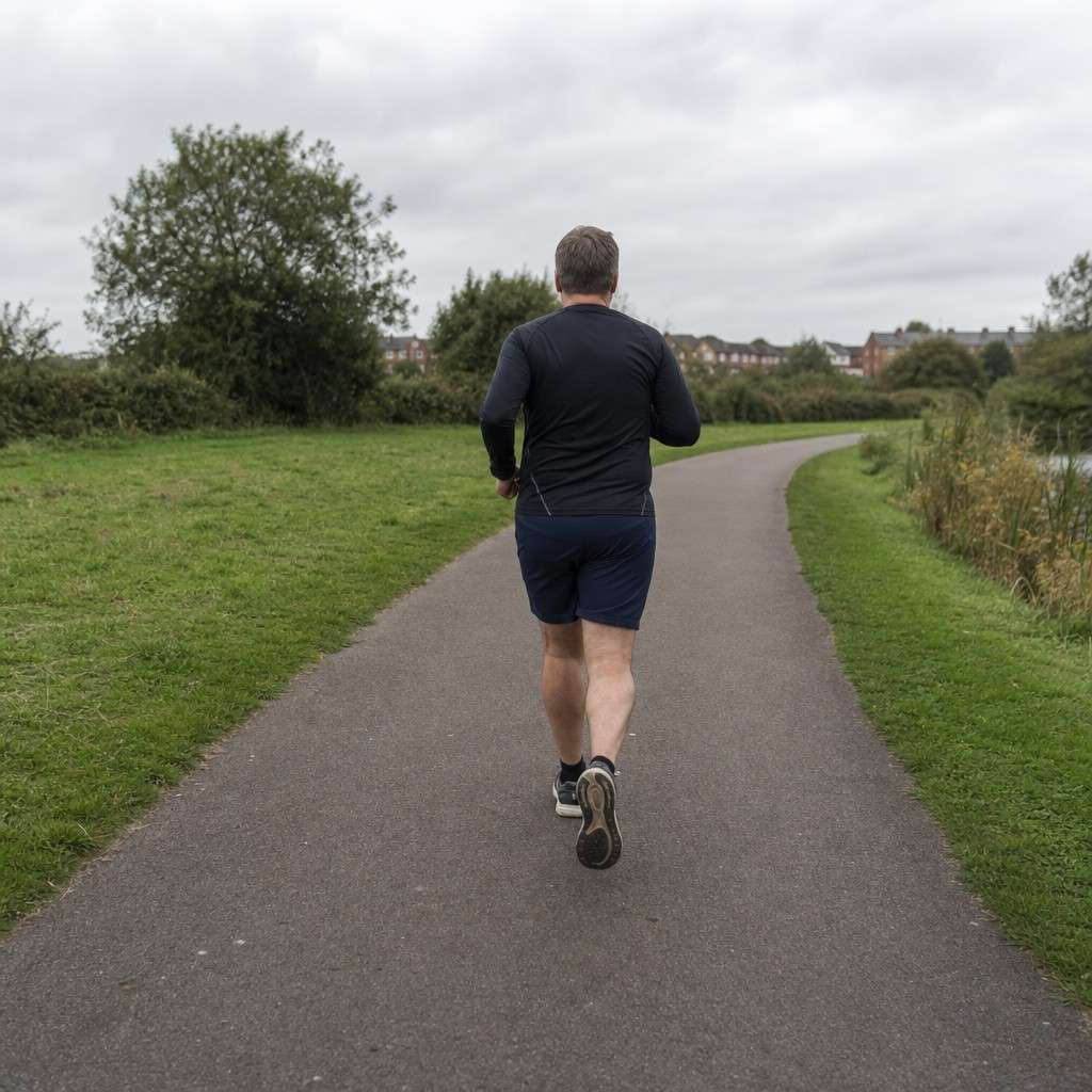 Runner from behind on a park path loop, walking and running on a flat tarmac path through green grass under an overcast sky