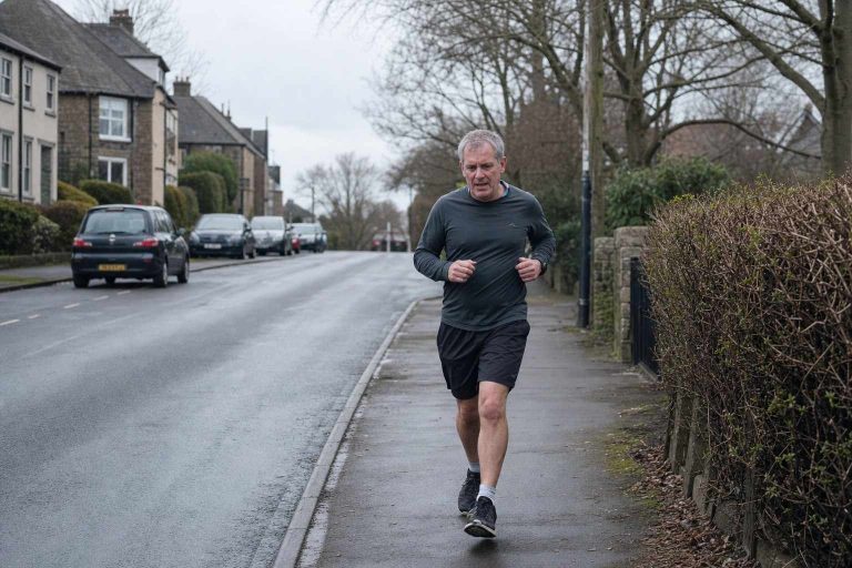A man in his mid-fifties running on a suburban pavement on a grey British morning, wearing casual kit, mid-stride on a quiet residential street