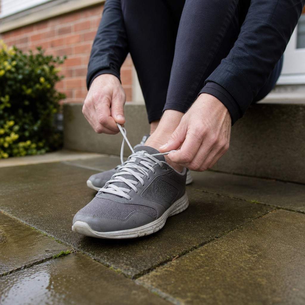 Close-up of a person over 50 lacing running trainers on a doorstep in a UK suburb on a grey morning