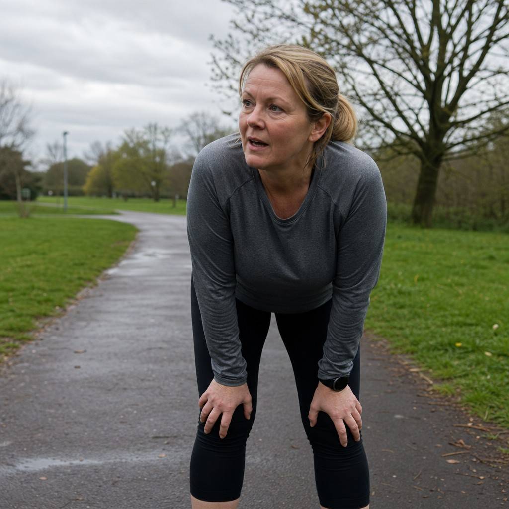 A woman over 50 catching her breath with hands on knees on a park path, wearing everyday running kit on a grey morning