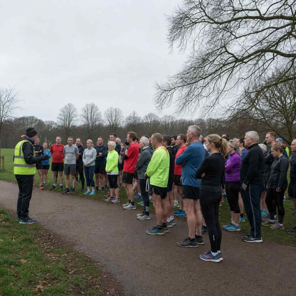 Runners and walkers gathered at the start of a Saturday morning parkrun in a UK park, listening to a volunteer briefing