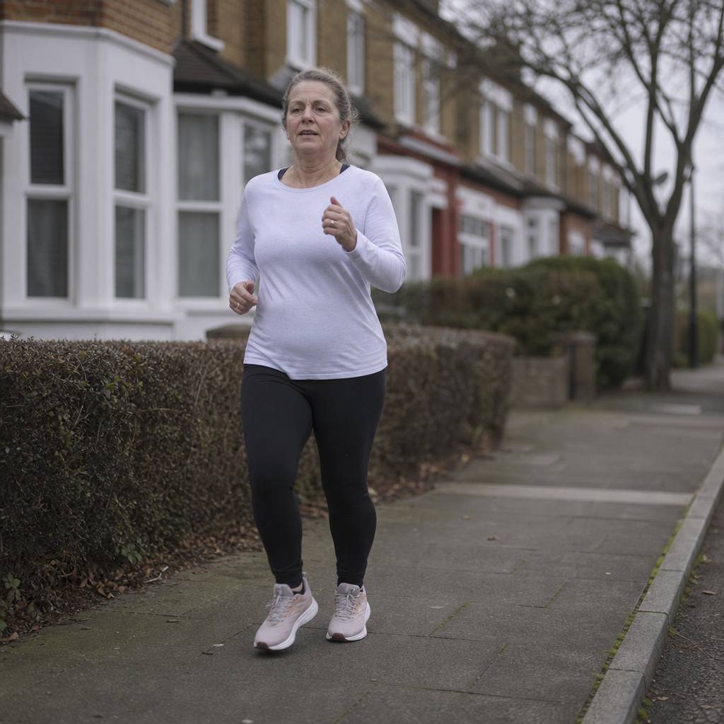 A lone middle-aged runner jogging at an easy pace on a quiet suburban pavement, relaxed and comfortable