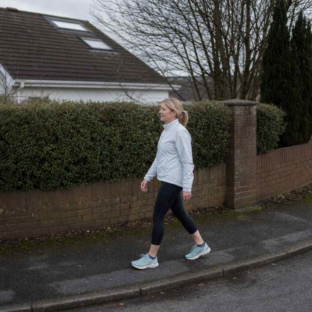 A woman over 50 walking slowly along a suburban pavement after a run, cooling down on a cloudy morning