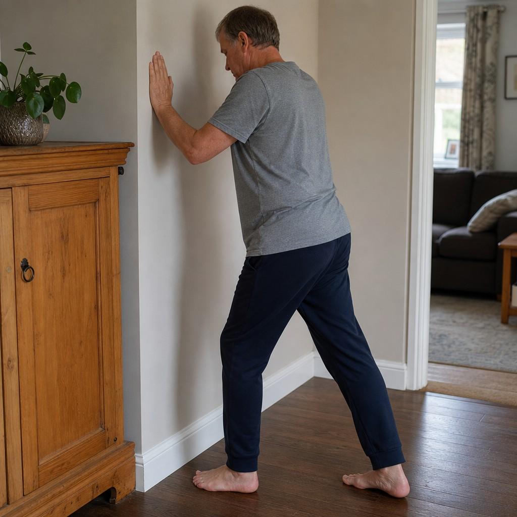 A man in his late 50s doing a simple calf stretch against a wall in a home hallway, wearing everyday clothes