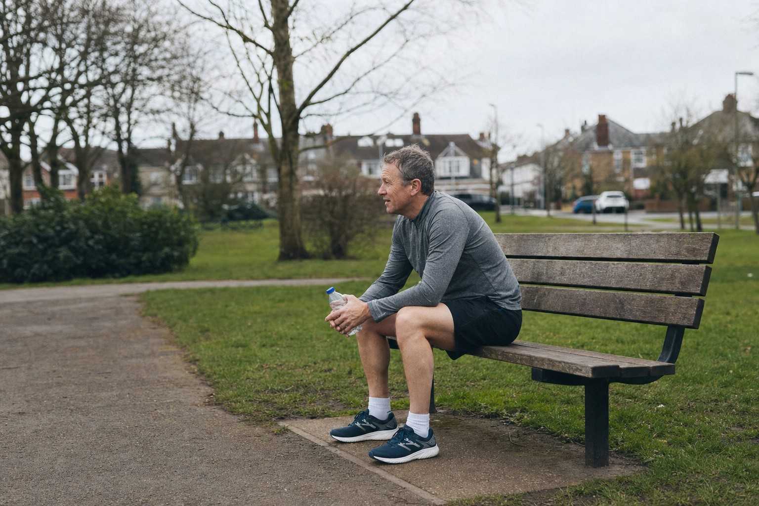 A man in his mid-50s in casual running clothes sitting on a park bench, water bottle in hand, resting after a run on a grey overcast morning