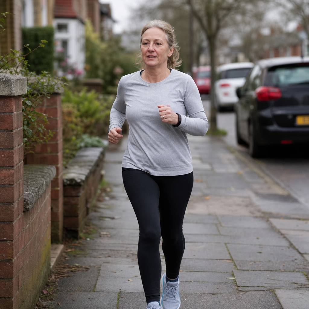 A woman in her 50s running at a comfortable easy pace on a suburban pavement, relaxed enough to chat