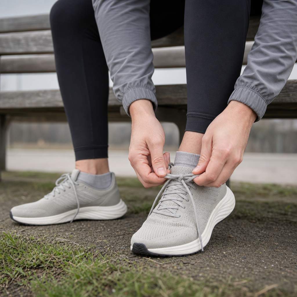 A pair of running shoes being laced up on a park bench before a first run