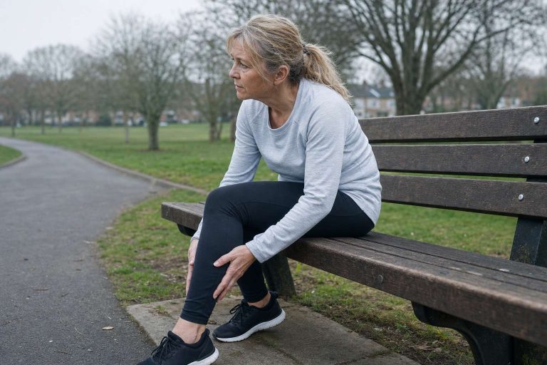 A woman in her late 50s sitting on a park bench after a run, resting her hand on her calf with a thoughtful expression