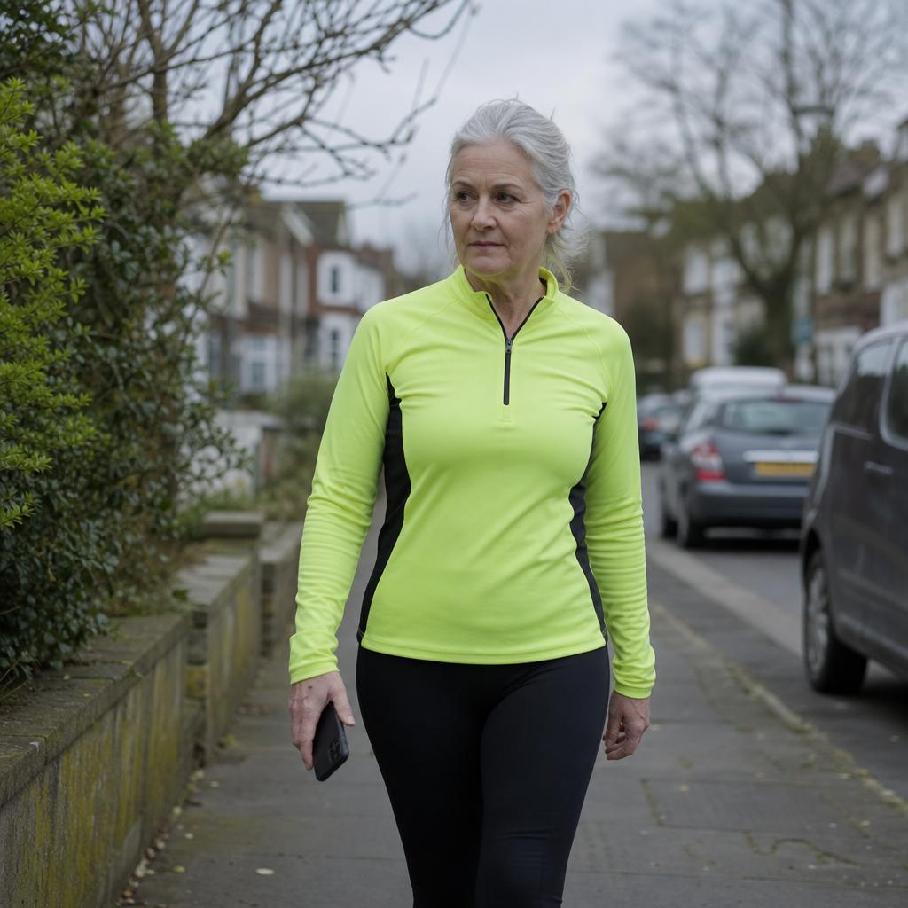 A woman in her early 60s walking slowly on a suburban UK footpath in running clothes, looking pensive