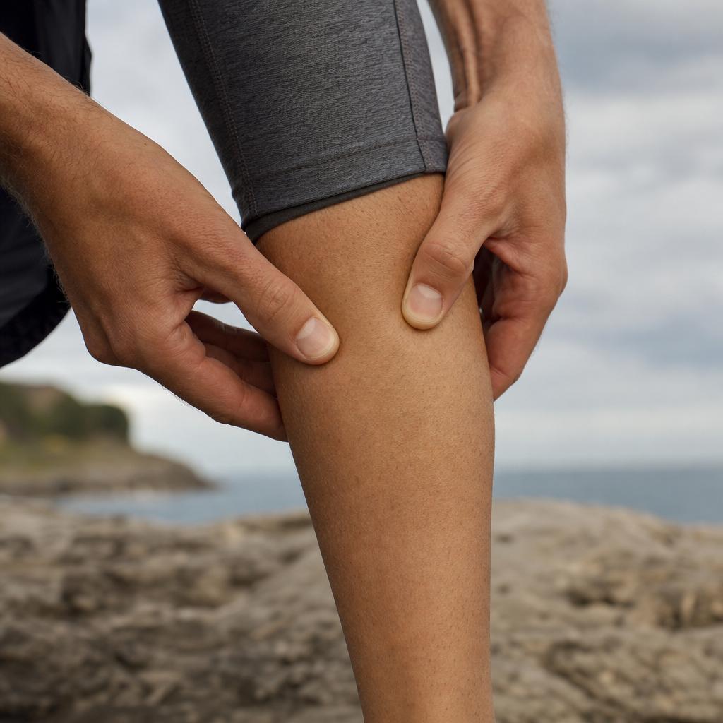 Close-up of hands pressing gently along a calf muscle, testing for soreness