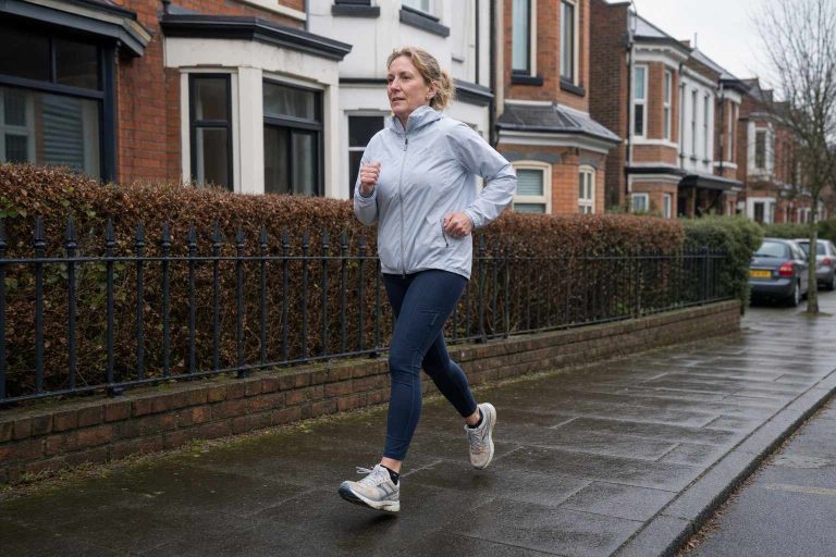 A woman in her fifties running on a suburban pavement on a grey British morning, wearing everyday kit, expression relaxed and focused