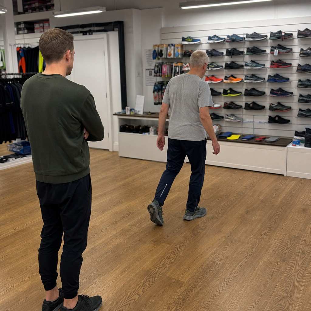 A customer being fitted for running shoes at a UK running shop, viewed from behind as a staff member watches them walk