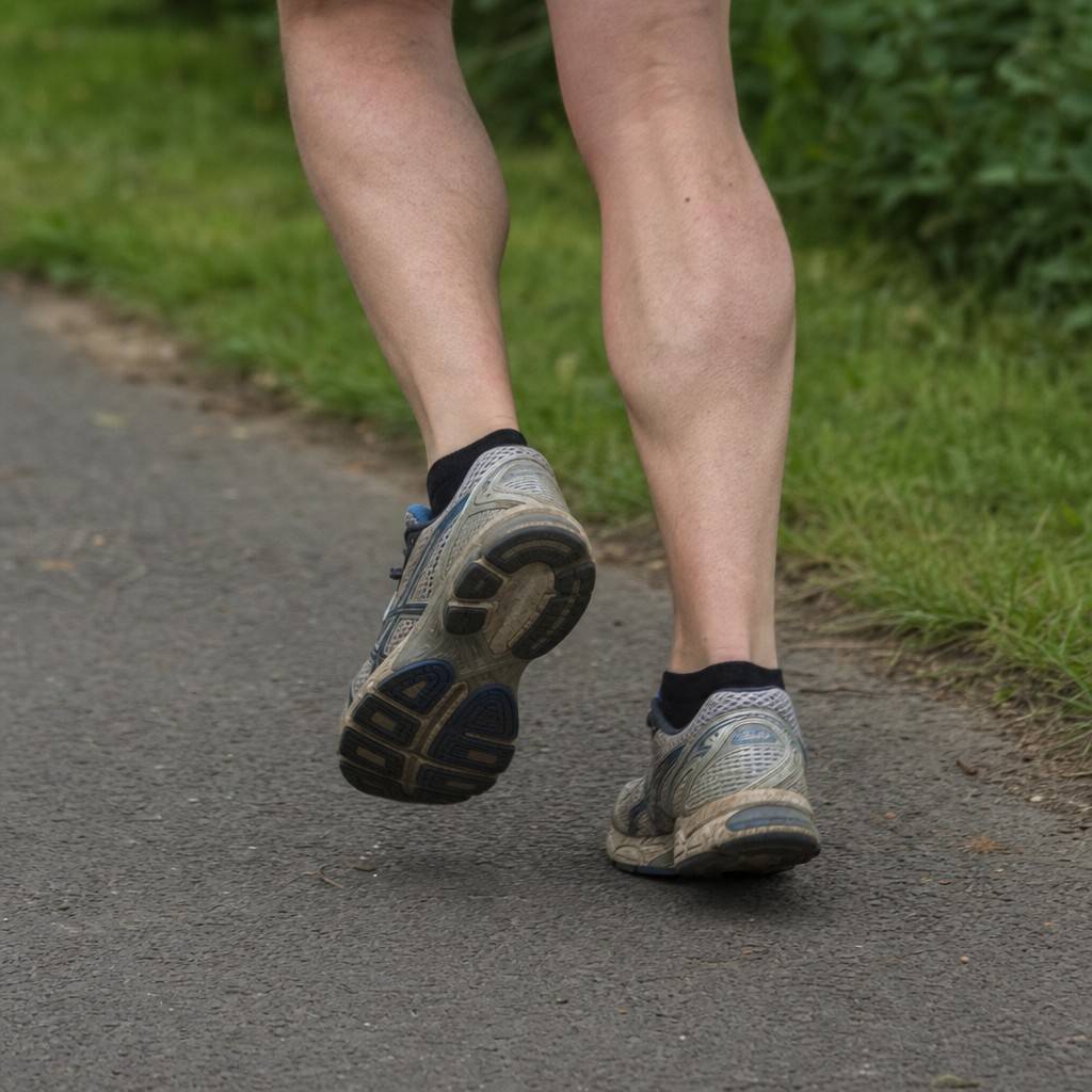 Close-up of a runner's lower legs and trainers on a path, mid-stride, showing calf muscles and the heel of a running shoe