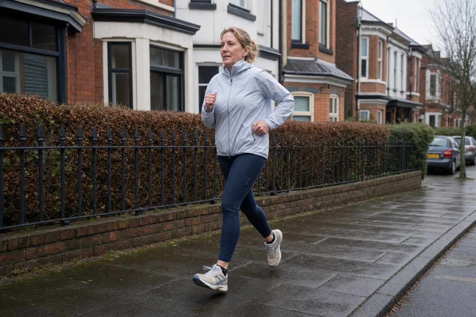 A woman in her fifties running on a suburban pavement on a grey British morning, wearing everyday kit, expression relaxed and focused