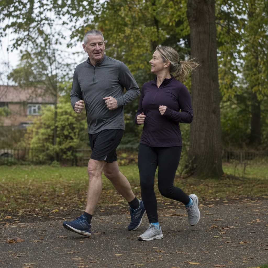 Two runners in their fifties jogging side by side at an easy pace on a park path, chatting comfortably