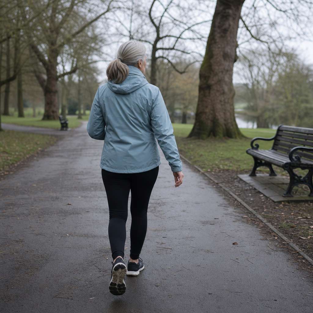 A woman transitioning from a run to a brisk walk on a park path, relaxed and in control