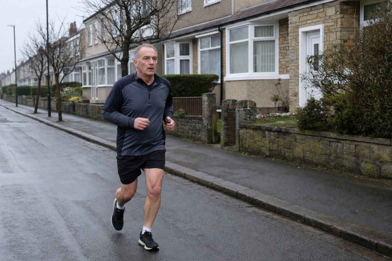 A lone runner in their fifties on a quiet suburban street in the early grey morning