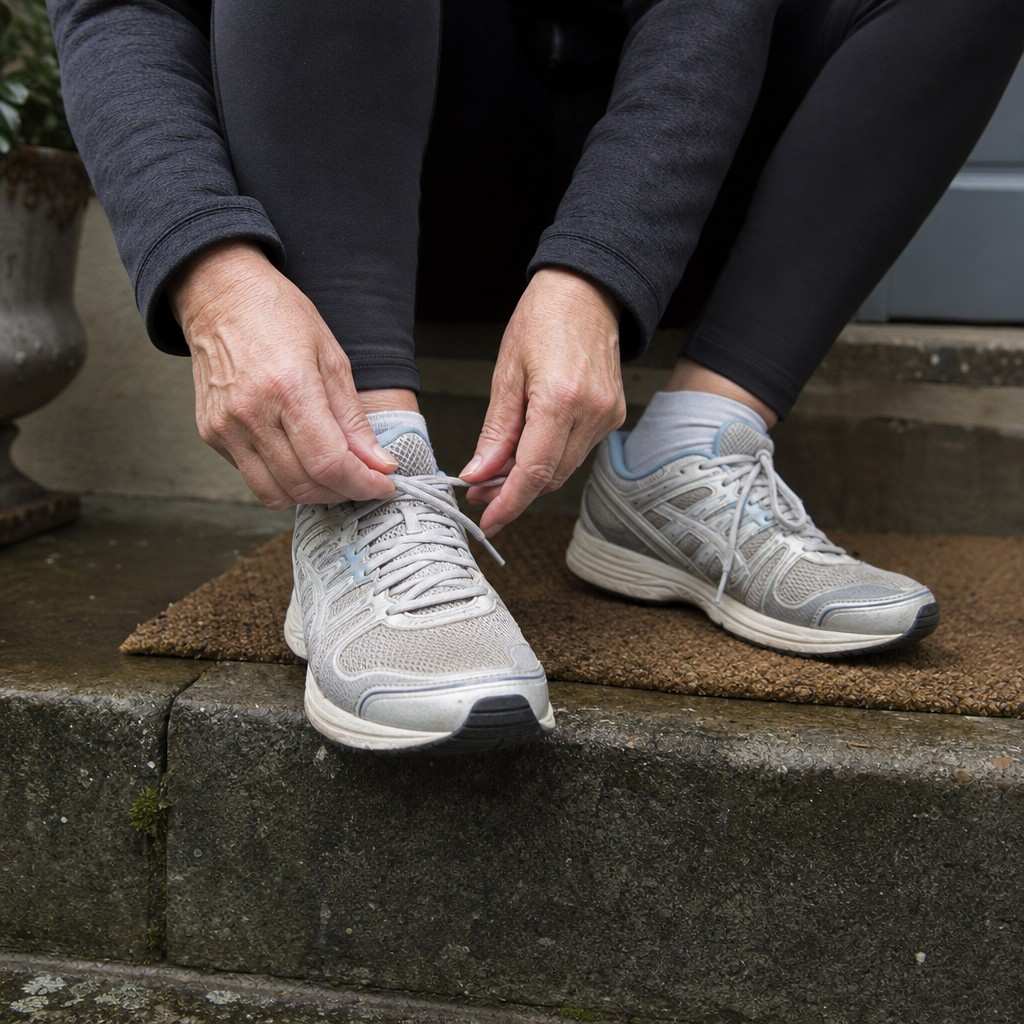 Close-up of an older runner lacing their trainers on a doorstep before an early run