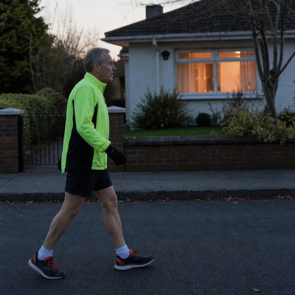 A person in their fifties walking home along a quiet street at dusk after an easy run