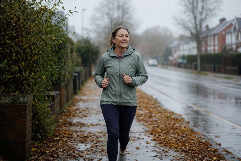 A woman in her early 50s jogging in light drizzle along a UK pavement in autumn, wearing a lightweight waterproof jacket