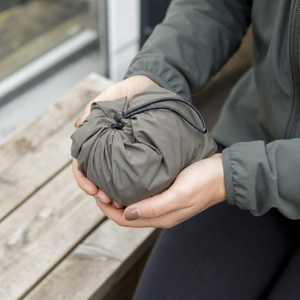 A woman's hands holding a small packable running jacket scrunched into a compact bundle, ready to go