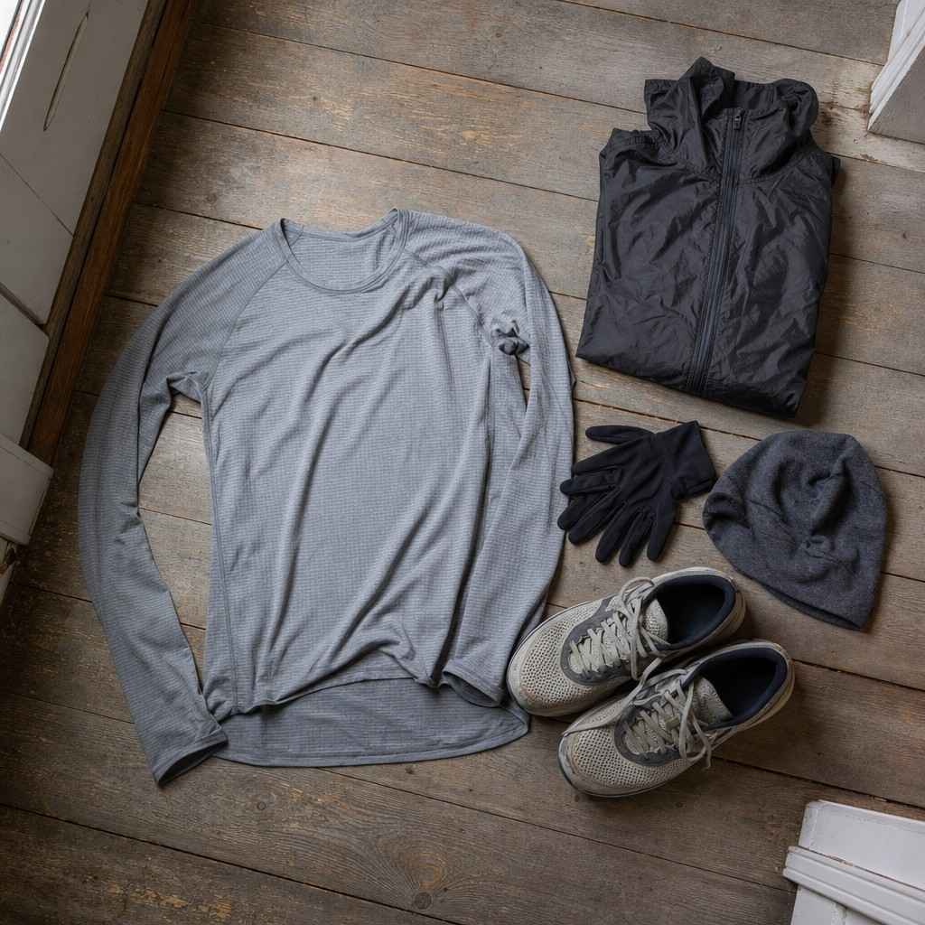 A lightweight base layer, a packable waterproof jacket, thin gloves and a beanie laid out by a front door