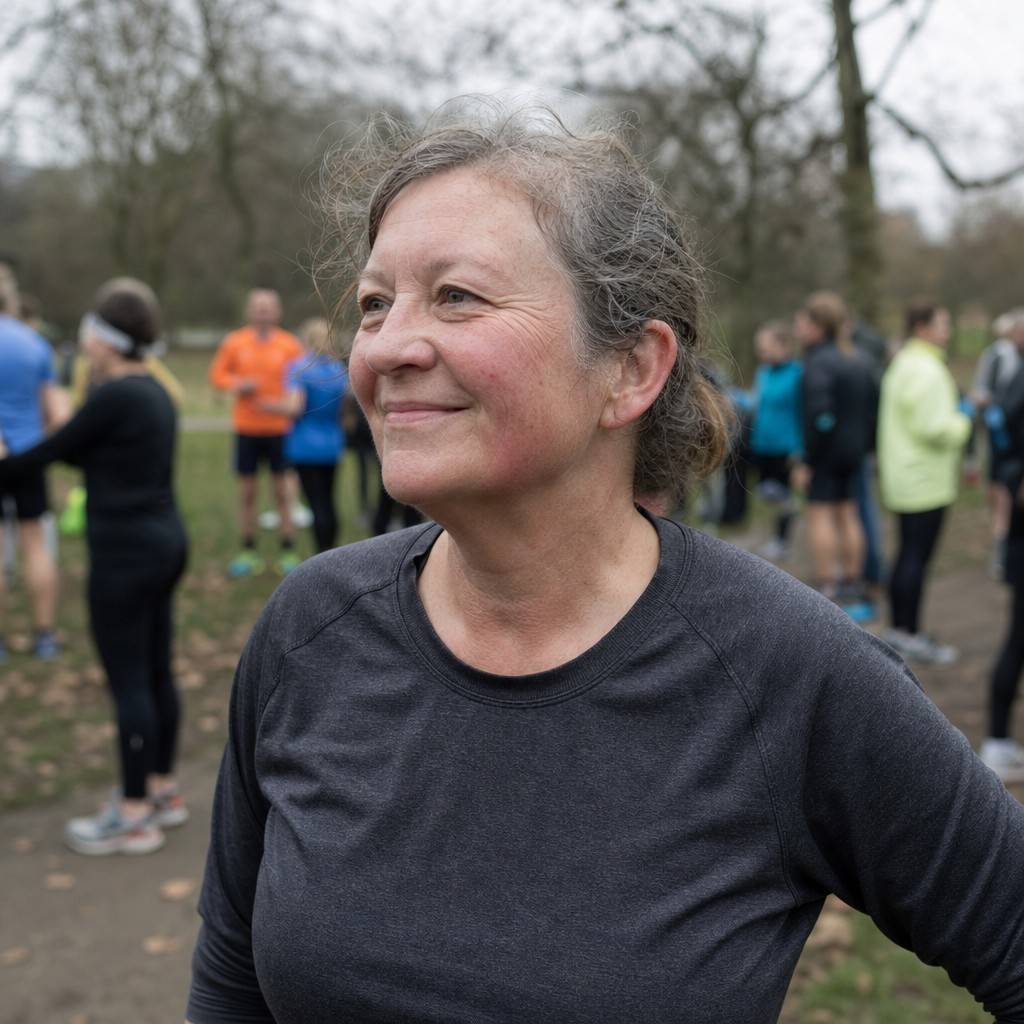 A woman in her late fifties relaxed and content in a parkrun finish area after taking part