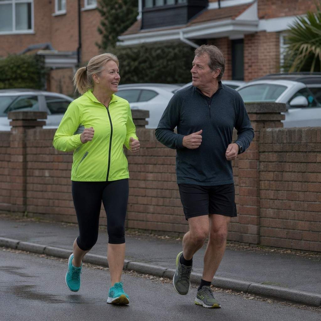 Two runners in their fifties jogging side by side and chatting on a suburban pavement