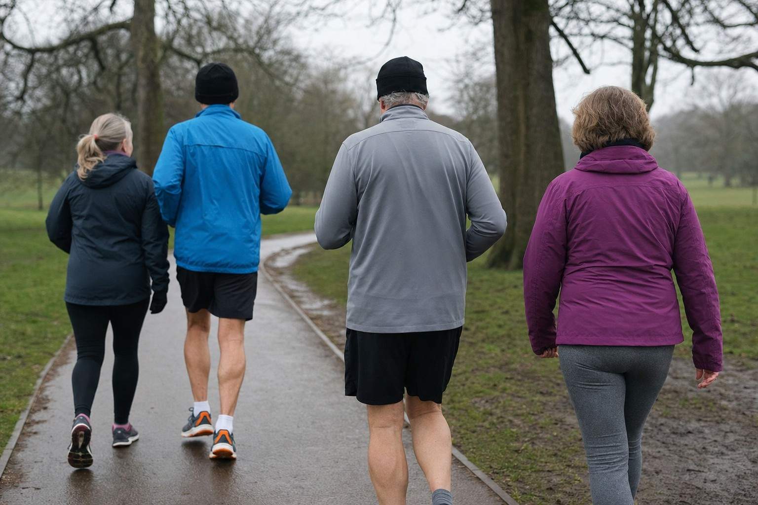 A small group of runners seen from behind setting off together along a park path on a grey morning