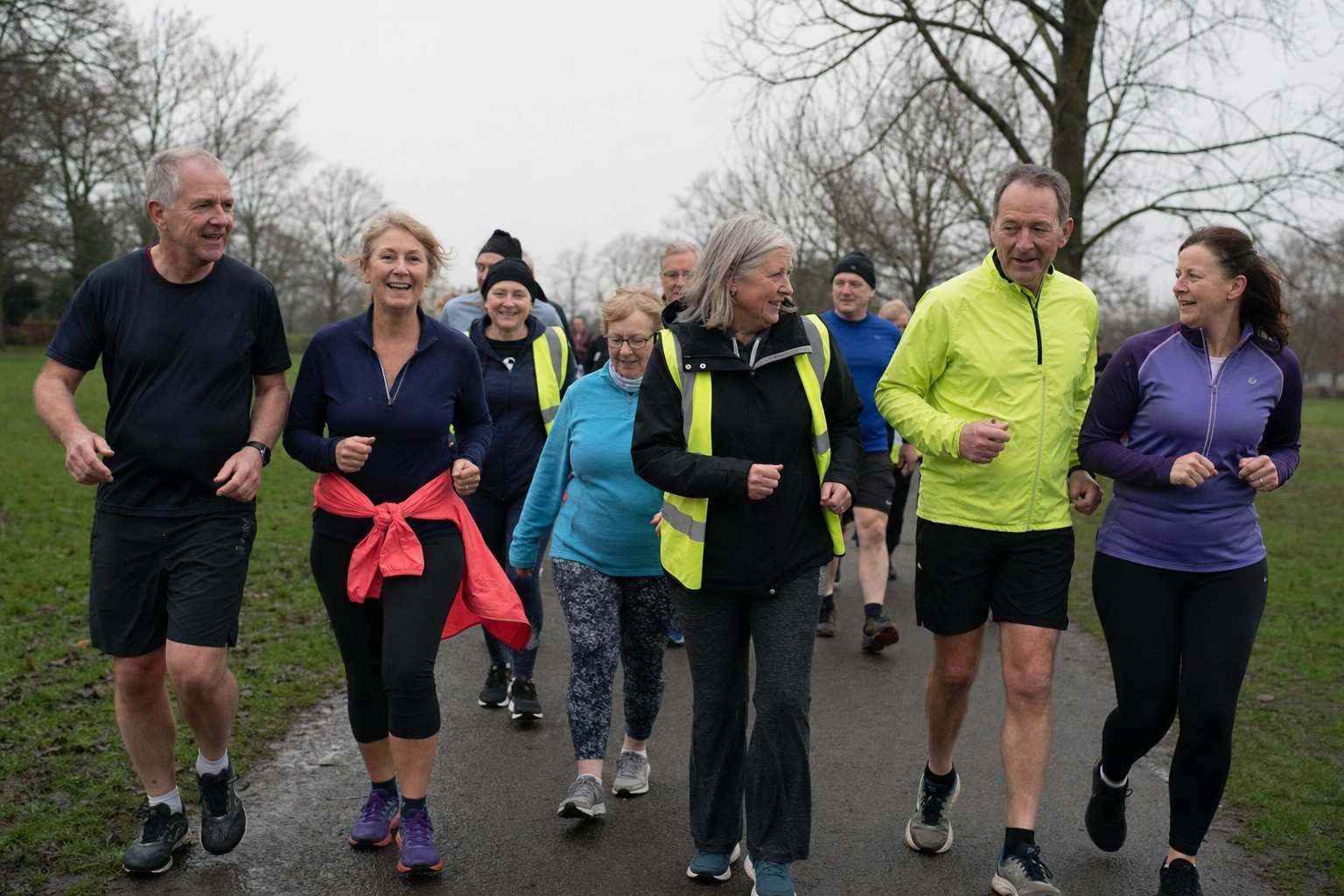 A small mixed-age group of runners and walkers setting off together at a parkrun on a grey morning