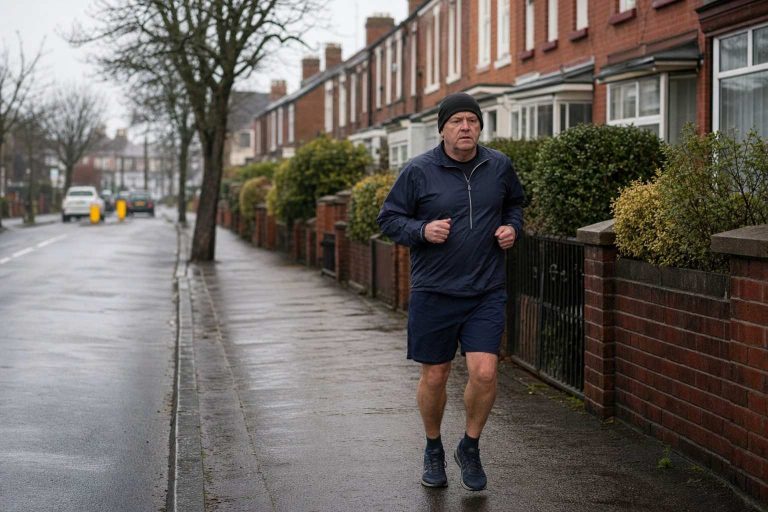 A middle-aged adult running at a relaxed, easy pace along a suburban pavement on a grey morning