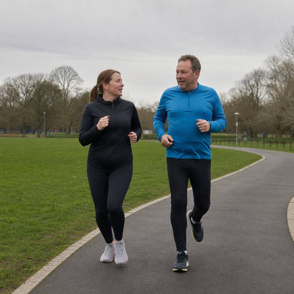 Two people running side by side in a park, clearly mid-conversation, at an easy pace on a cloudy day