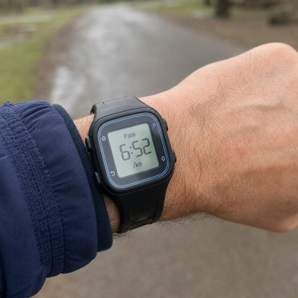 A close-up of a basic GPS running watch on a wrist showing pace data mid-run