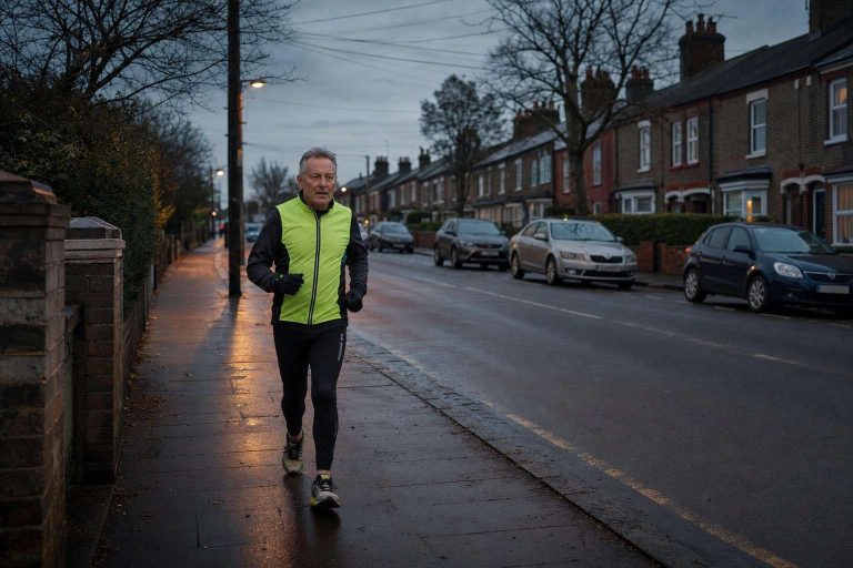Middle-aged runner in hi-vis vest on a lit suburban street at dusk, seen from the front, overcast British evening light