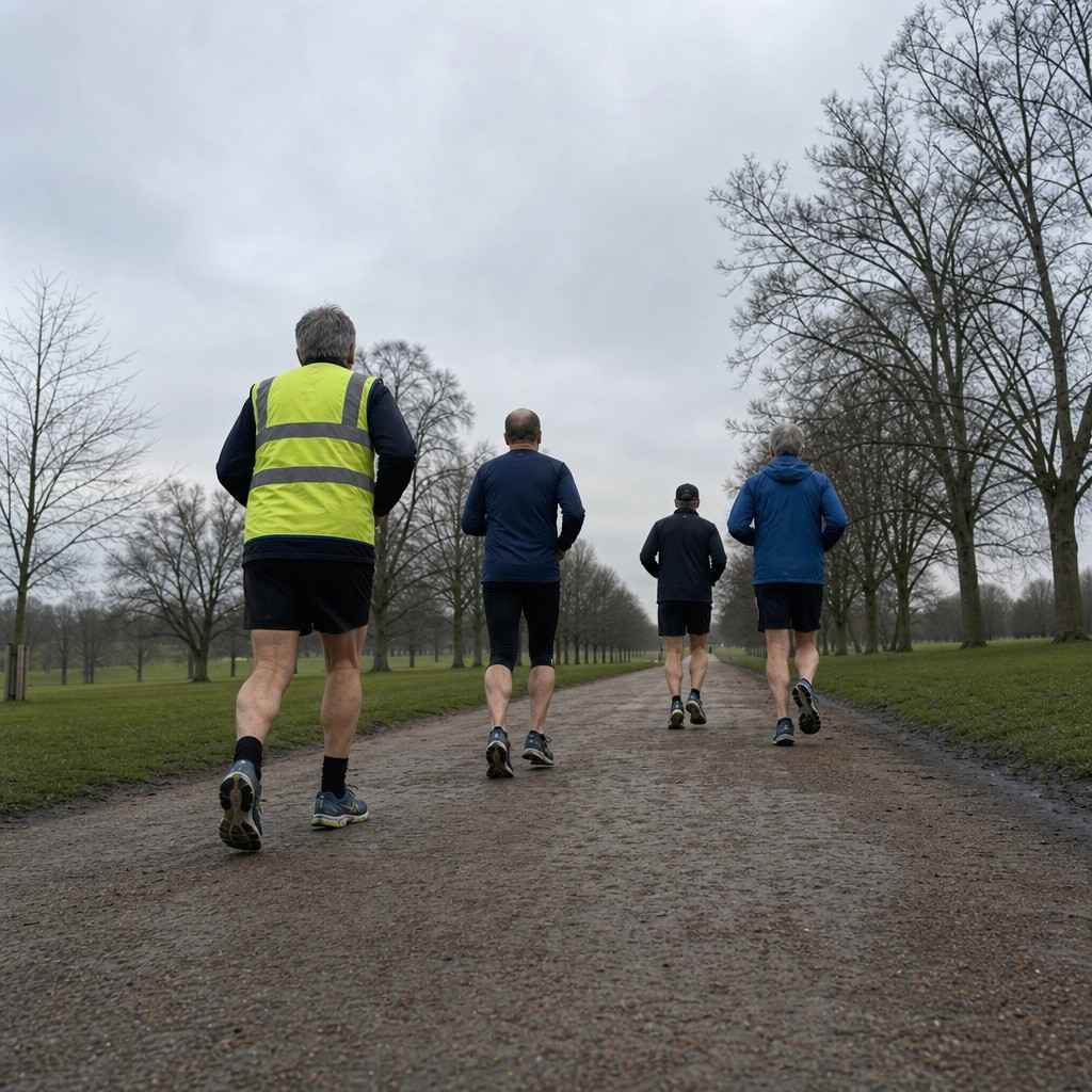 Small group of adult runners in a park on a grey morning, a mix of ages, one wearing hi-vis