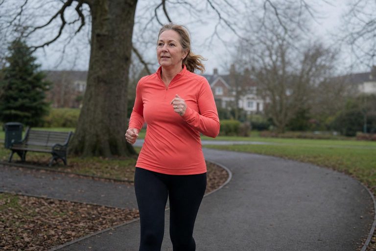A woman in her mid-50s jogging on a suburban UK park path on a grey morning, relaxed and determined expression