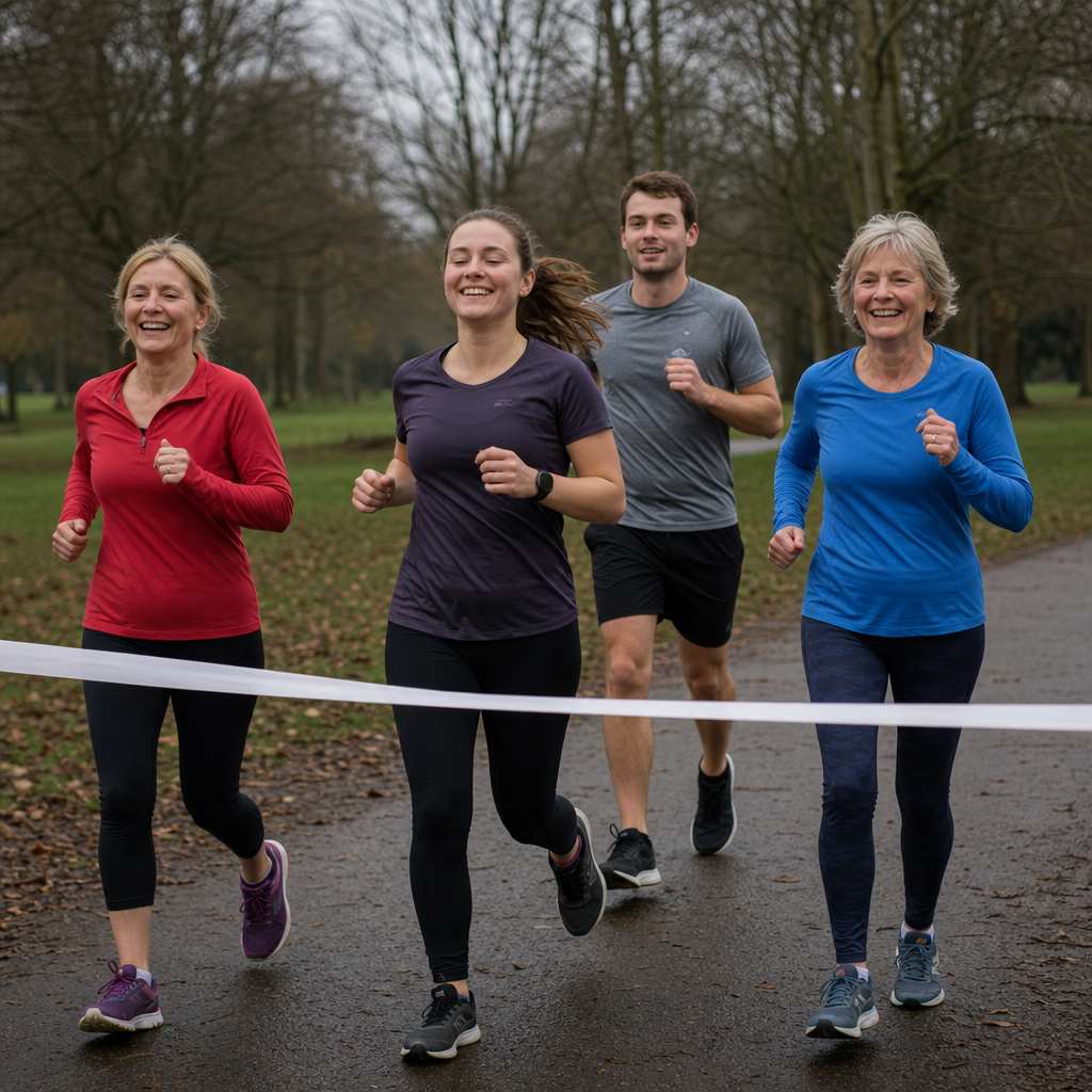 A group of mixed-age runners at a parkrun finish line, including several participants in their 50s and 60s