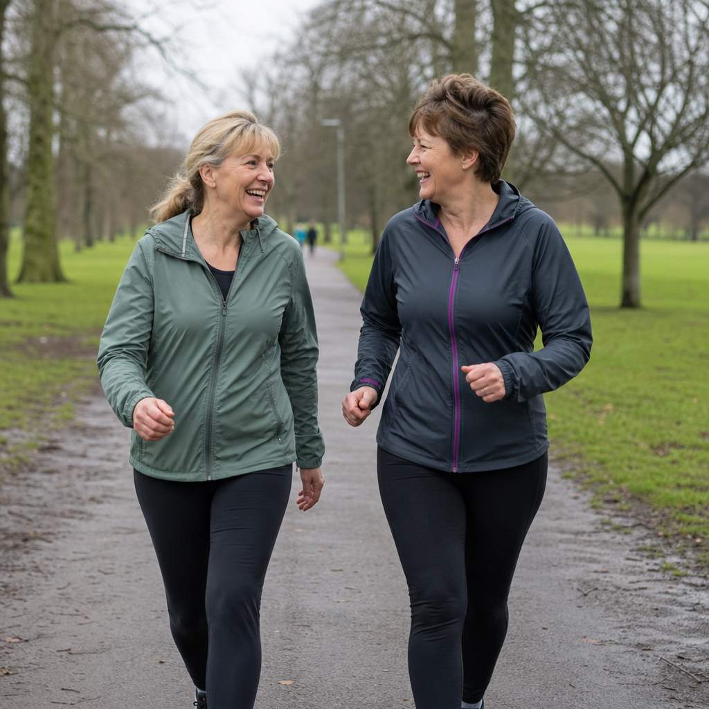 Two women in their 50s walking and chatting together on a park path in running clothes