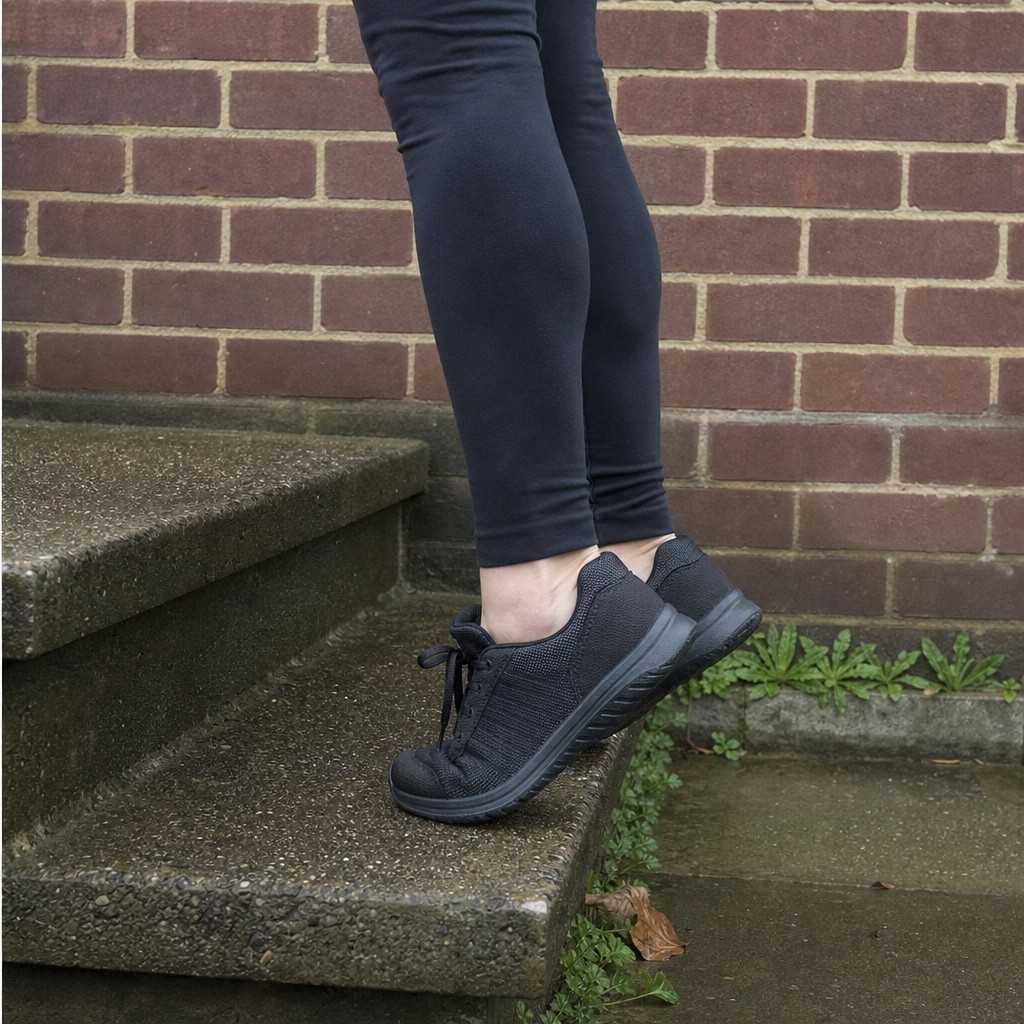 Close-up of a runner's lower legs and trainers doing a calf raise on a step edge, both heels lifted