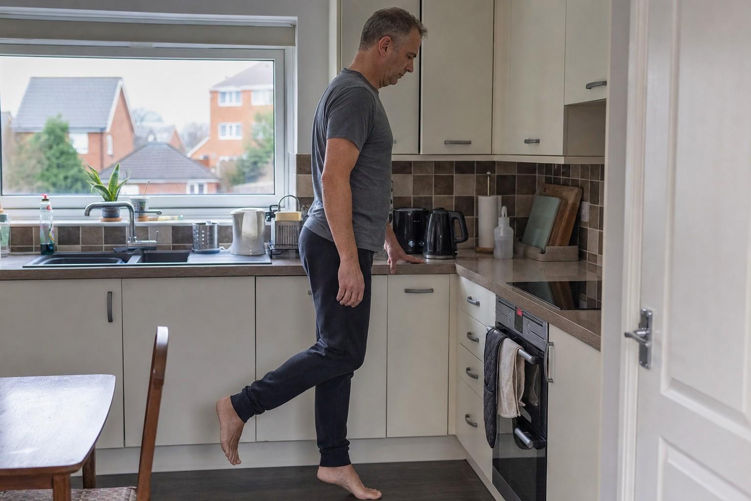A man in his fifties doing a single-leg calf raise, one hand resting on a kitchen worktop for balance, in plain home exercise clothes