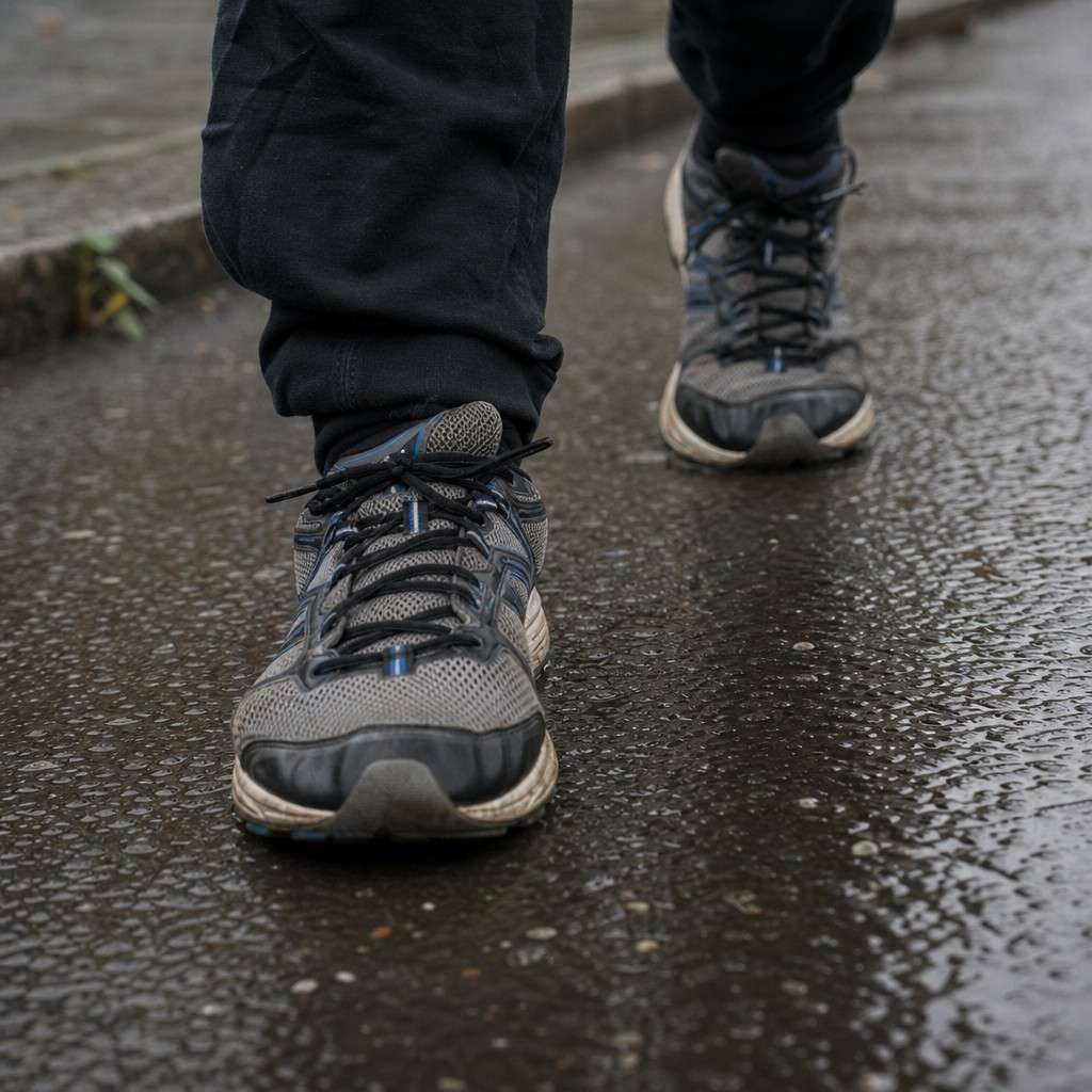 Close-up of a woman's trainers on wet tarmac during a walk-run interval on a quiet UK street