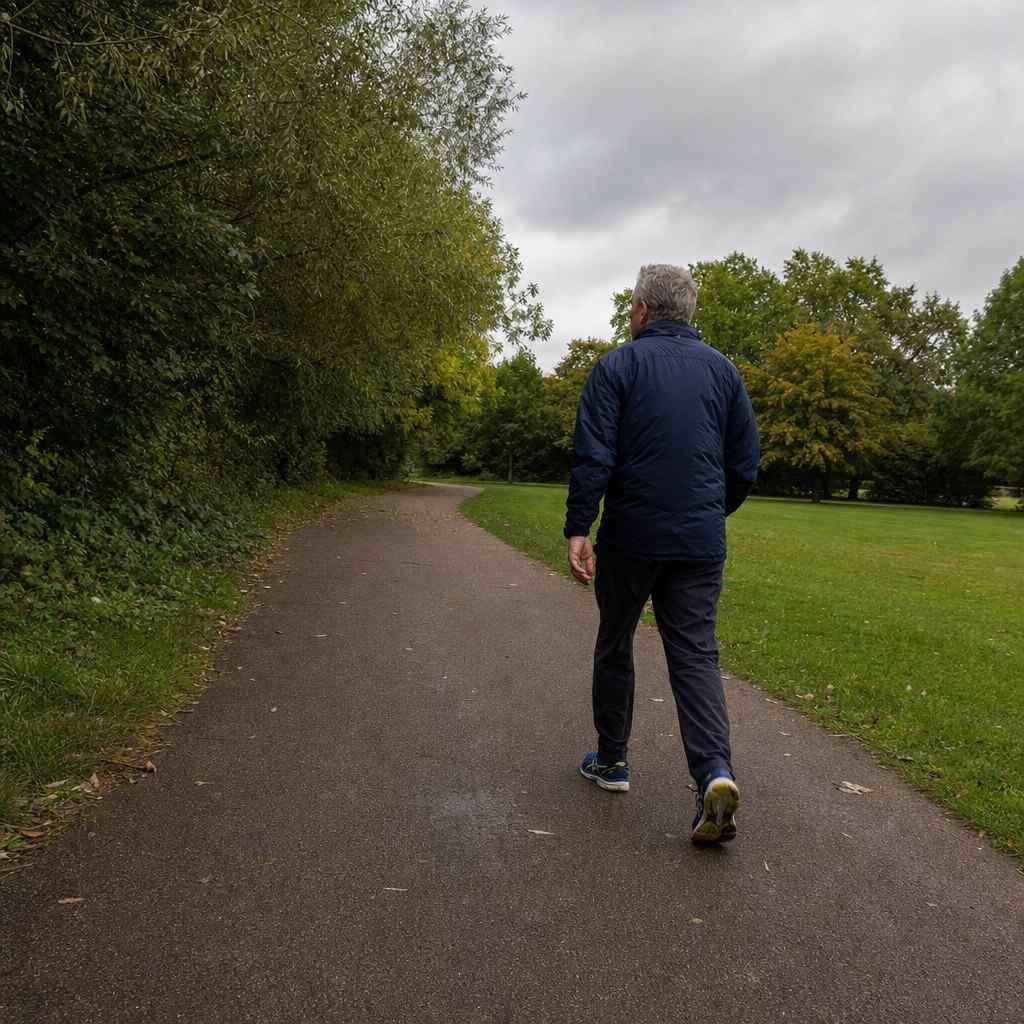 A man walking briskly on a park path in overcast British weather, mid-walk break during a run, seen from behind
