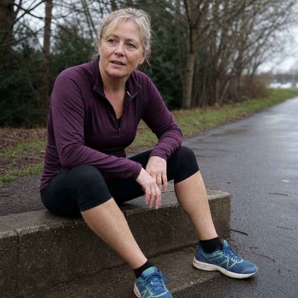 A woman in her fifties resting on a low step after a run, one hand on her knee