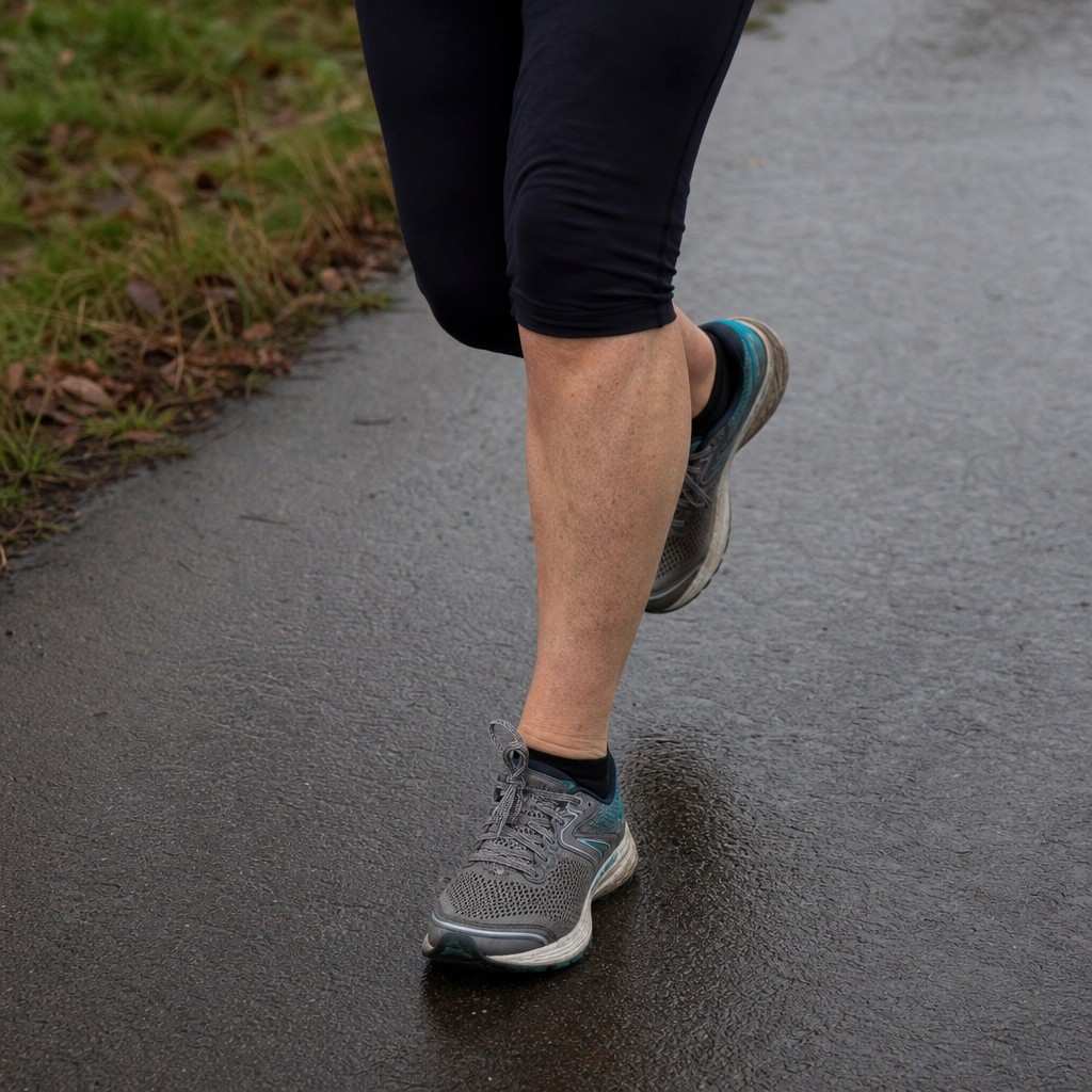 Close-up of an older runner's knees and lower legs mid-stride on a park path